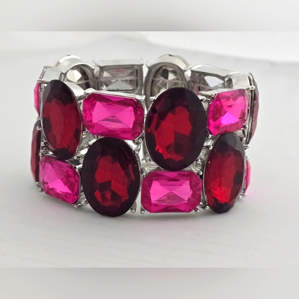Elegant Pink and Red Rhinestone Streth Bracelet